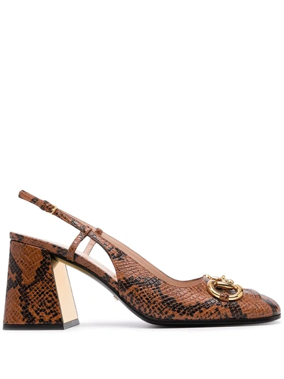 Gucci Horsebit Snakeskin-print Pumps In Brown