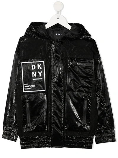 Dkny Kids' High-shine Hooded Jacket In Black