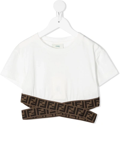 Fendi Kids' Logo Tape Cropped T-shirt In White