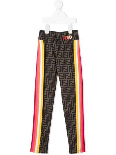 Fendi Kids' Zucca Side-stripe Track Pants In Brown