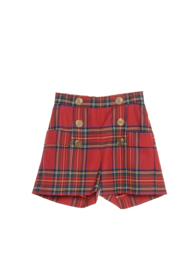 Balmain Kids' Checked Double Breasted Shorts In Red