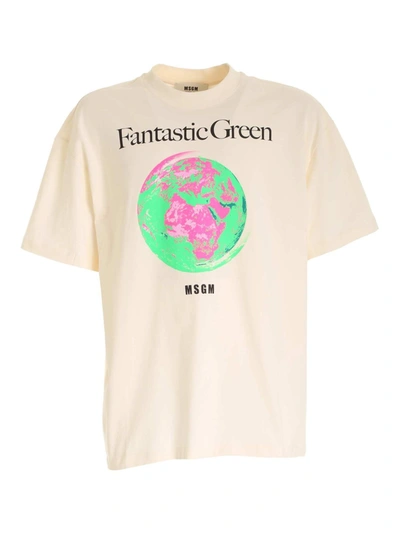 Msgm Fantastic Green T-shirt In Cream Color In White
