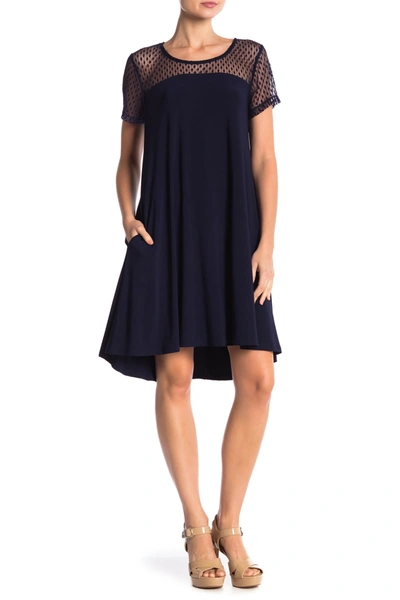 Nina Leonard Illusion Neck High-low Shift Dress In Navy