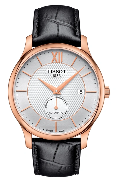 Tissot Tradition Automatic Leather Strap Watch, 40mm In Black/silver/rose Gold
