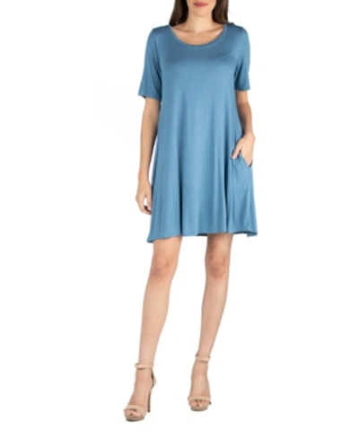 24seven Comfort Apparel Soft Flare T-shirt Maternity Dress With Pocket Detail In Blue