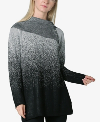 Adrienne Vittadini Ombre Jacquard Split Cowl Neck Sweater Top In Black, Silver