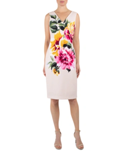 Donna Ricco Floral Scuba Sheath Dress In Tan Multi