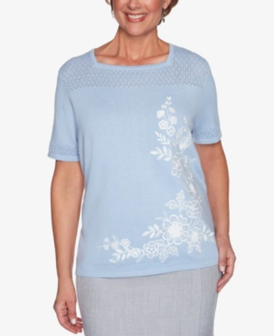 Alfred Dunner Women's Missy French Bistro Asymmetric Floral Pointelle Yoke Sweater In Frost Blue