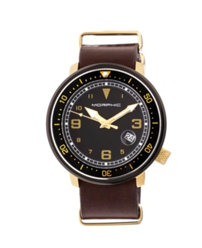 Morphic M58 Series, Gold Case, Dark Brown Nato Leather Band Watch W/ Date, 42mm