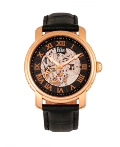 Reign Kahn Automatic Skeleton Rose Gold Case, Genuine Black Leather Watch 45mm