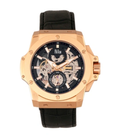 Reign Commodus Automatic Black Dial, Rose Gold Case, Genuine Black Leather Watch 48mm In Black