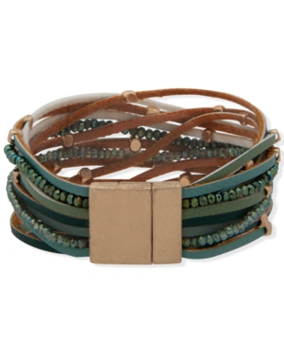 Lonna & Lilly Gold-tone Beaded & Faux-leather Multi-row Magnetic Bracelet In Green