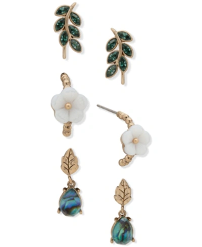 Lonna & Lilly Gold-tone 3-pc. Set Crystal Leaf & Flower Earrings In Green