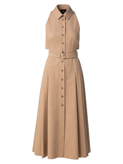 Akris Sleeveless Collared Poplin Belted Midi Dress In Light Beige