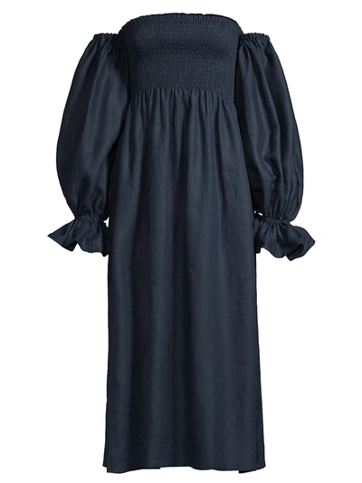 Sleeper Atlanda Off-the-shoulder Linen Dress In Navy