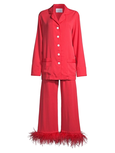 Sleeper Party Pajamas With Detachable Ostrich Feather Trim In Red