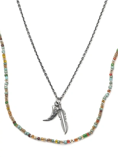Jan Leslie Multicolor Bead, Charm Horn, Feather & Sterling Silver Chain Necklace