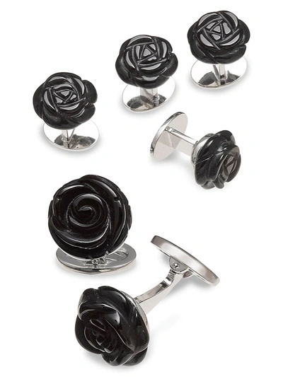 Jan Leslie Men's 6-piece Carved Rose Black Onyx & Sterling Silver Stud & Cufflink Set