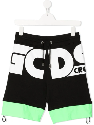 Gcds Teen Logo-print Drawstring-waist Track Shorts In Black,neongreen