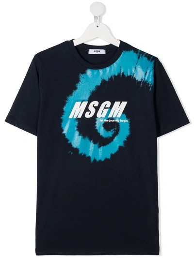 Msgm Teen Tie-dye Logo Print T-shirt In Blue