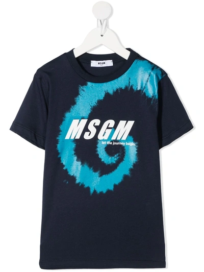 Msgm Kids' Logo Print Crew-neck T-shirt In Blue