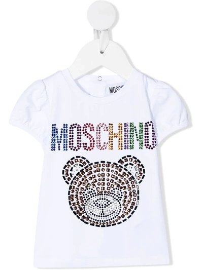 Moschino Babies' Rhinestone-embellished Puff-sleeves T-shirt In White