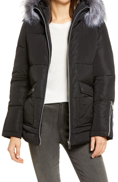 French Connection Hooded Puffer Coat With Faux Fur Trim In Black