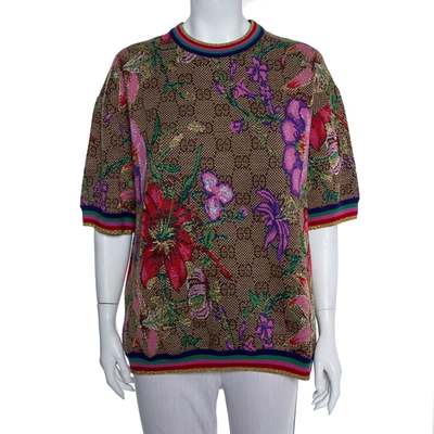 Pre-owned Gucci Beige Floral Jacquard Lurex Knit Logo Monogram Short Sleeve Jumper M