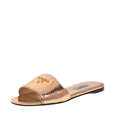 Pre-owned Prada Metallic Rose Gold Python Embossed Leather Flat Slide Sandals Size 39
