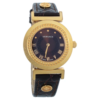 Pre-owned Versace Brown Gold Plated Stainless Steel & Leather Vanity P5q Women's Wristwatch 35 Mm