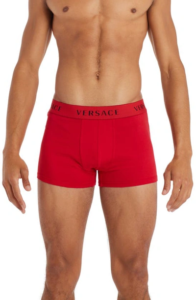 Versace Men's Long Logo-band Boxer Trunks In Red