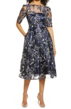 ELIZA J SEQUIN FLORAL EMBROIDERY FIT & FLARE COCKTAIL MIDI DRESS,EJ1M7923