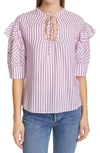 TANYA TAYLOR CALLIE STRIPE RUFFLE SLEEVE COTTON BLEND BLOUSE,S21T860214