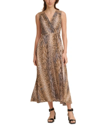 Calvin Klein Snake Faux Wrap Sleeveless Maxi Dress In Khaki Multi