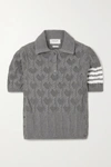 THOM BROWNE STRIPED POINTELLE AND CABLE-KNIT COTTON POLO SHIRT