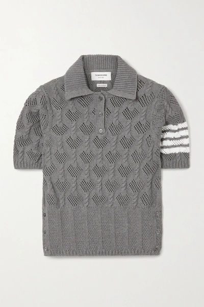 Thom Browne Striped Pointelle And Cable-knit Cotton Polo Shirt In Grey