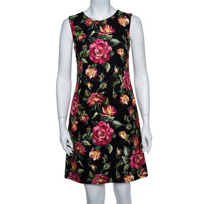 Pre-owned Dolce & Gabbana Black Floral Printed Jacquard Sleeveless Sheath Dress S