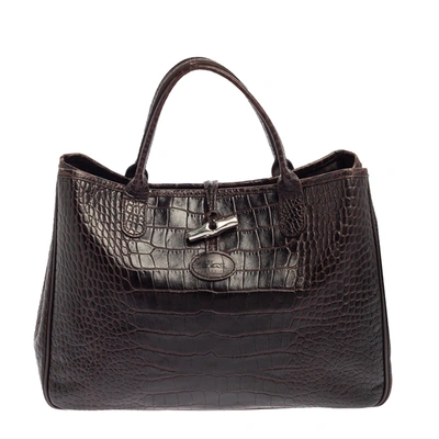 Pre-owned Longchamp Brown Glaze Croc Embossed Leather Roseau Tote