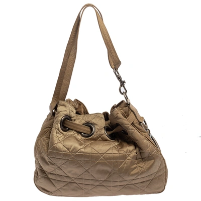 Pre-owned Dior Beige Cannage Nylon And Leather Drawstring Shoulder Bag