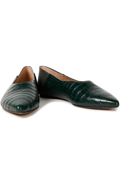 Joseph Anoud Croc-effect Leather Collapsible-heel Point-toe Flats In Dark Green
