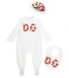 DOLCE & GABBANA BABY FLORAL COTTON ONESIE, HAT AND BIB SET,P00538865