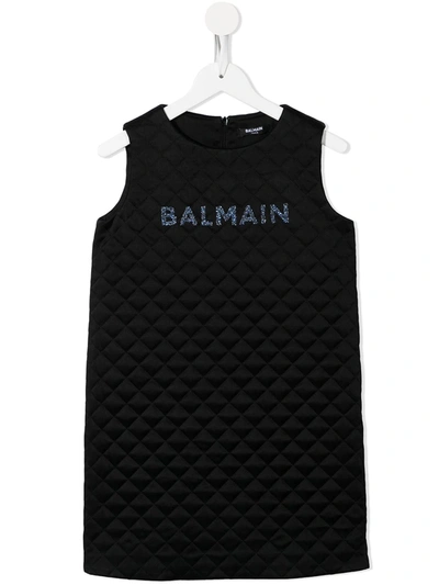 Balmain Teen Quilted Logo Print Dress In Black