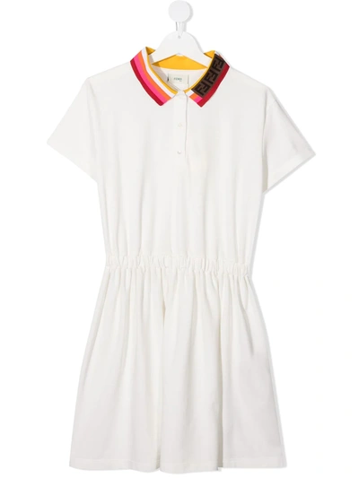 Fendi Kids' White Dress With Multicolor Neck In Gesso