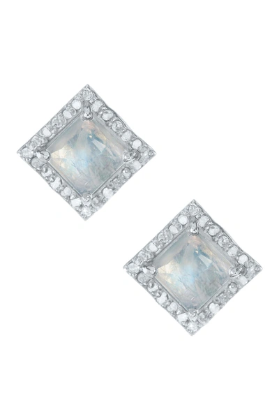 Adornia Fine Rhodium Plated Sterling Silver Pave Diamond Trim Square Moonstone Stud Earrings In White