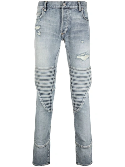 Balmain Distressed Ribbed-panel Skinny Jeans In Blue