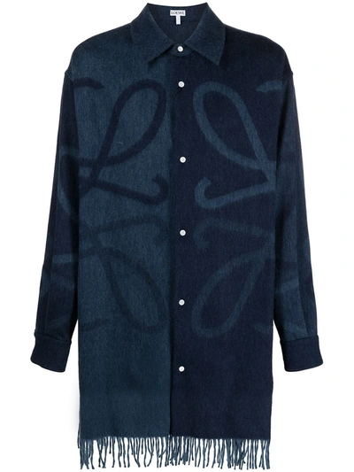 Loewe Anagram-jacquard Fringed Wool-blend Flannel Shirt In Dark Blue
