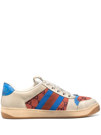 Gucci Screener Gg Webbing-trimmed Distressed Leather And Printed Canvas Trainers In 中性色