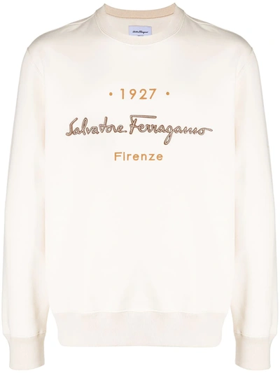 Ferragamo Embroidered Logo Crew Neck Sweatshirt In Beige