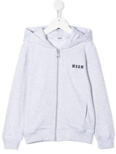 Msgm Kids' Logo Print Full-zip Hoodie In Grey