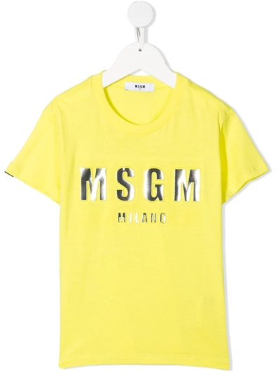 Msgm Kids' Debossed Foil Logo Print T-shirt In Yellow